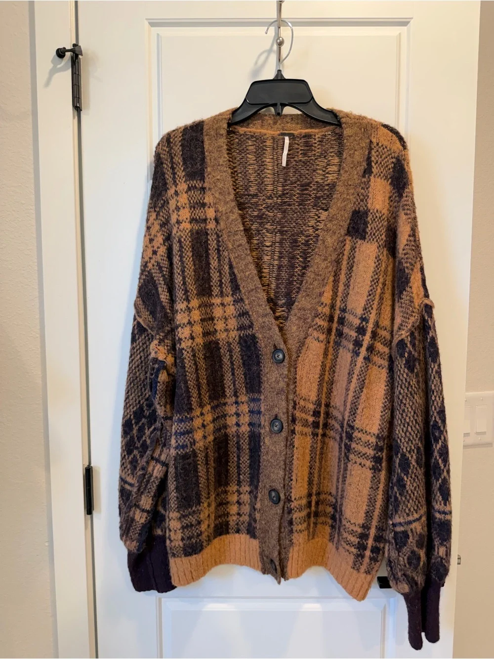 Free People Plaid Button-Up Cardigan in Brown and Tan